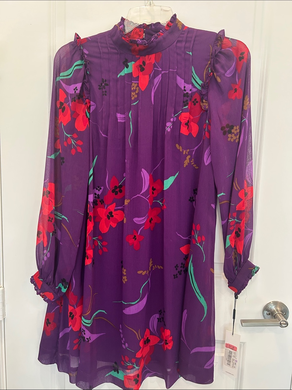 Calvin Klein Purple Floral Ruffle-Neck Long Sleeve Mini Dress